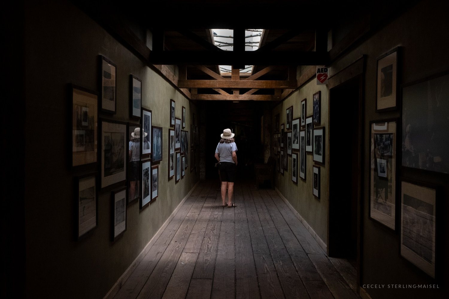 A lone figure in a wide-brimmed hat walks away down a dim corridor hung floor to ceiling with framed photographs, lit only by skylights overhead.