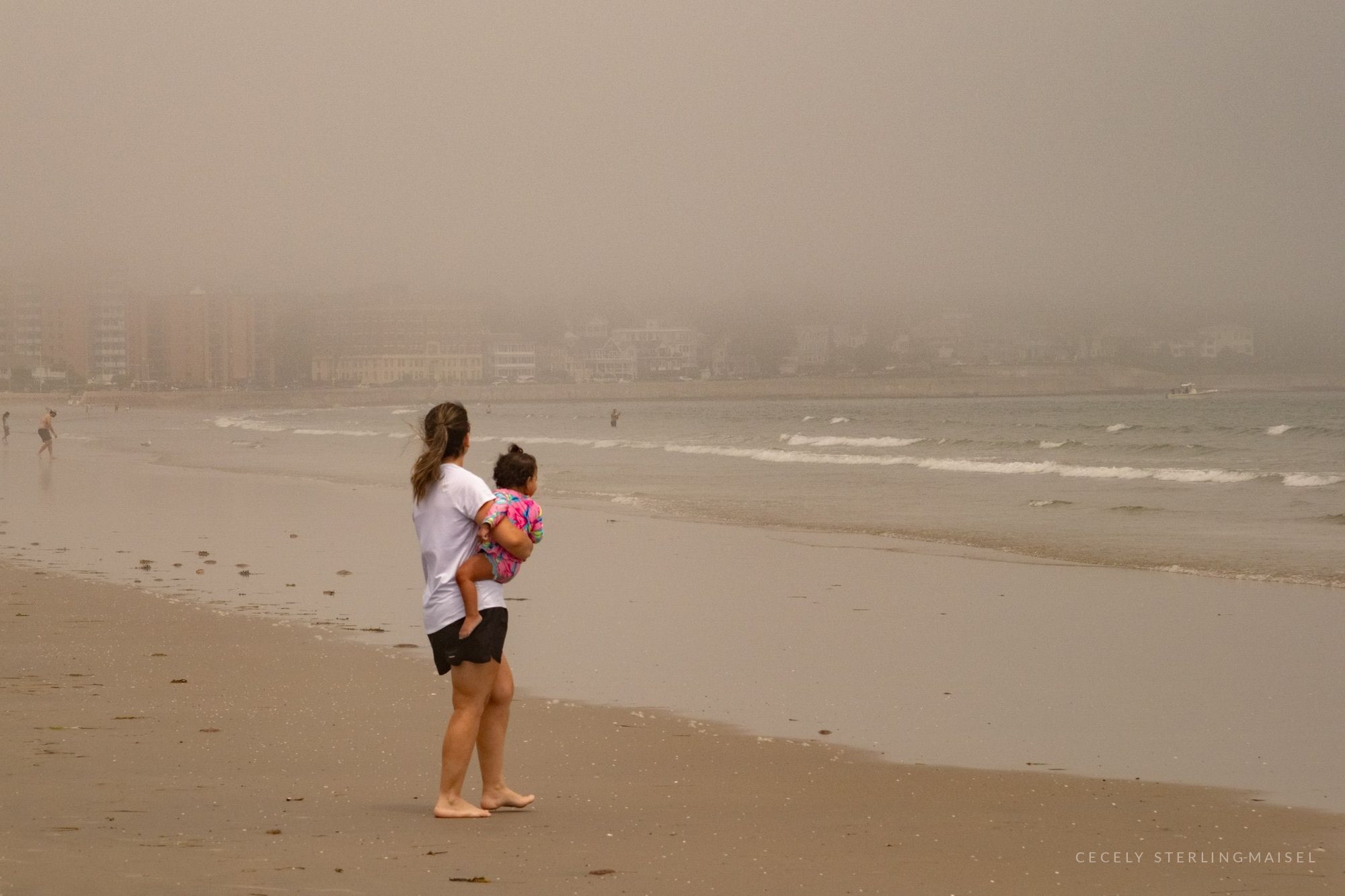 A woman carrying a small child at the water's edge, a hazy shoreline of buildings behind them.