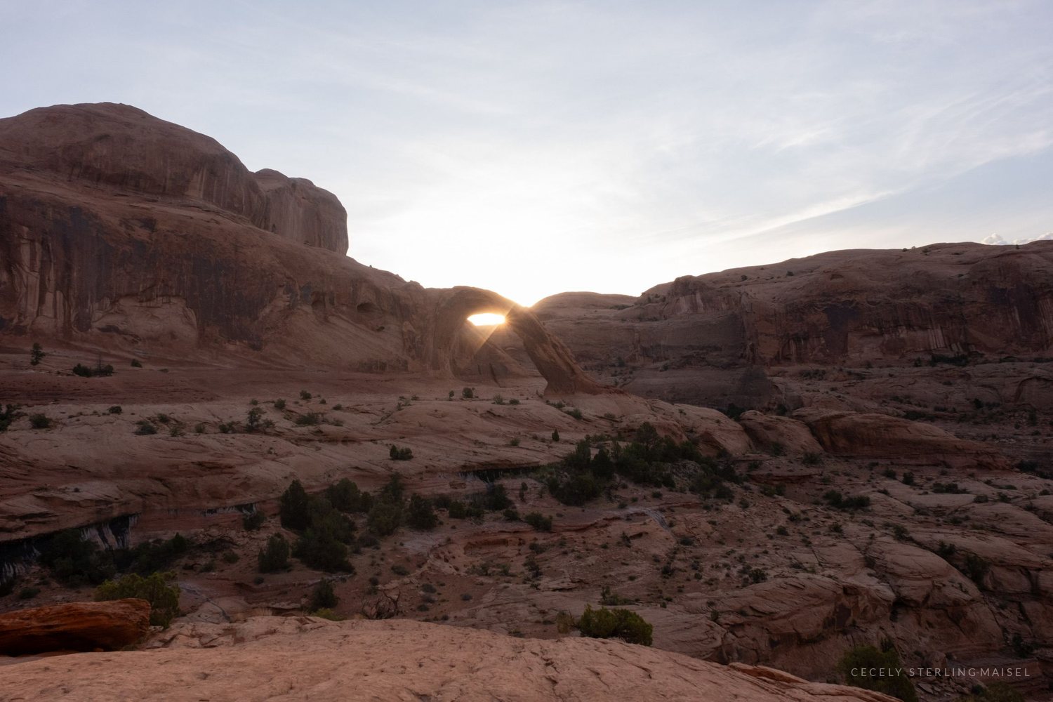The sun cresting a low sandstone ridge above a wide slickrock basin scattered with juniper.