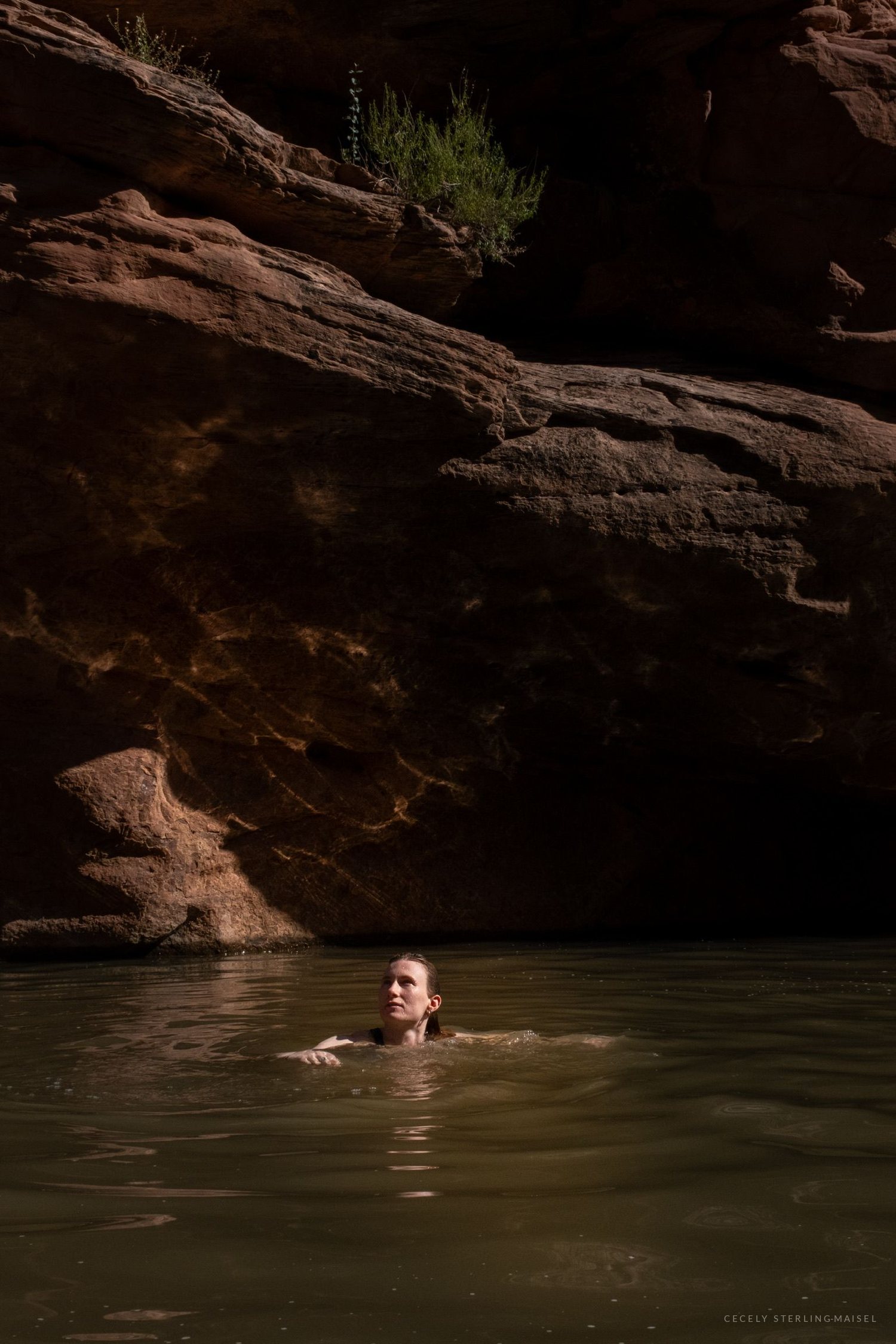 A swimmer's head above dark green water beneath a huge overhanging shelf of banded sandstone.