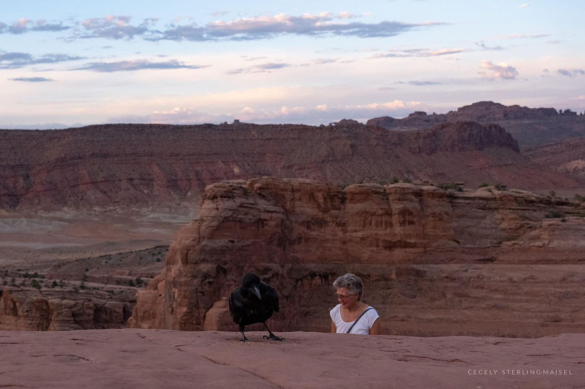 A woman in white sitting on a rock at dusk with a raven perched a few feet away, red cliffs behind.