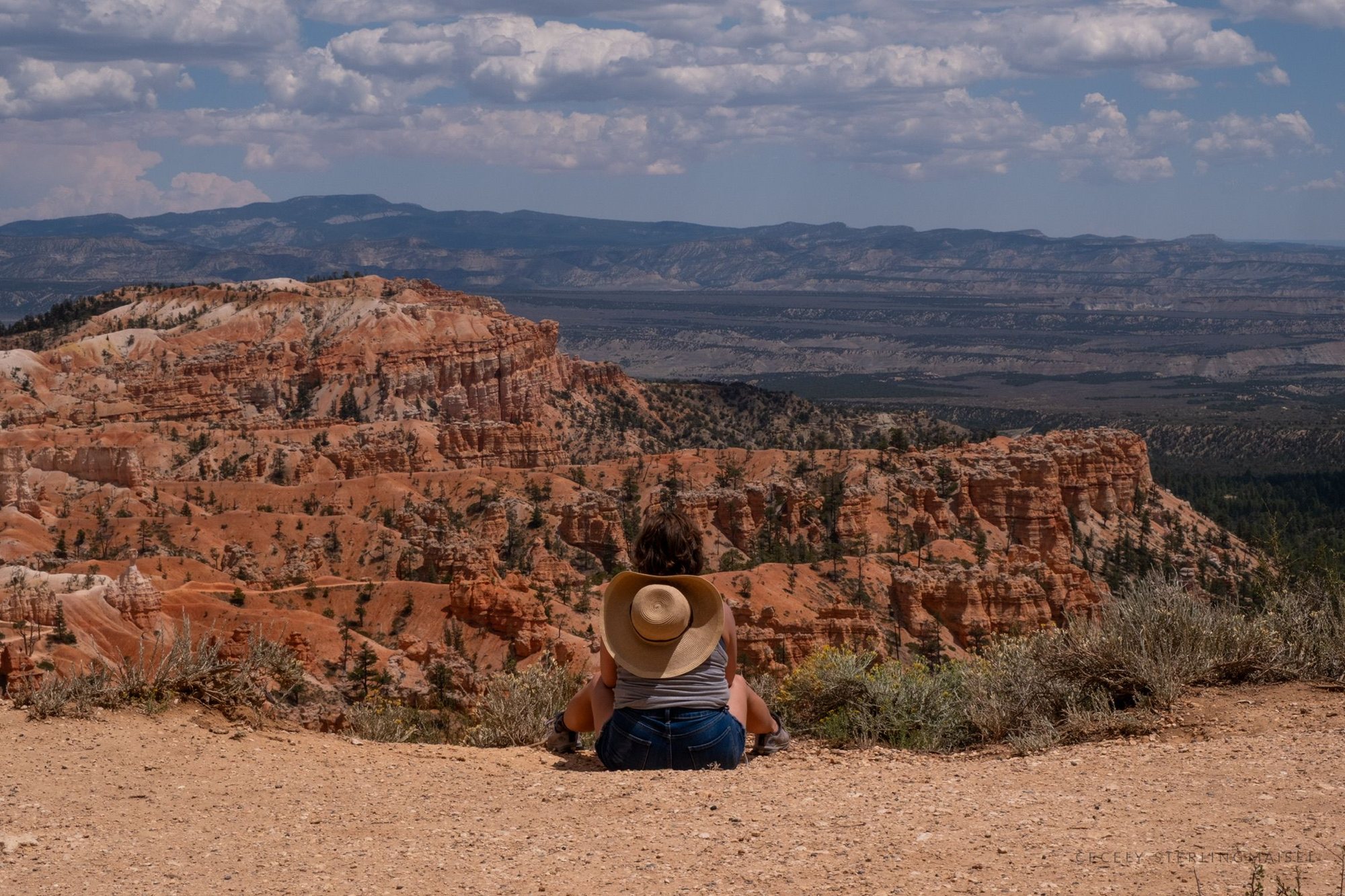 A person in a straw hat sitting alone on the rim looking out across the canyon to distant plateaus.