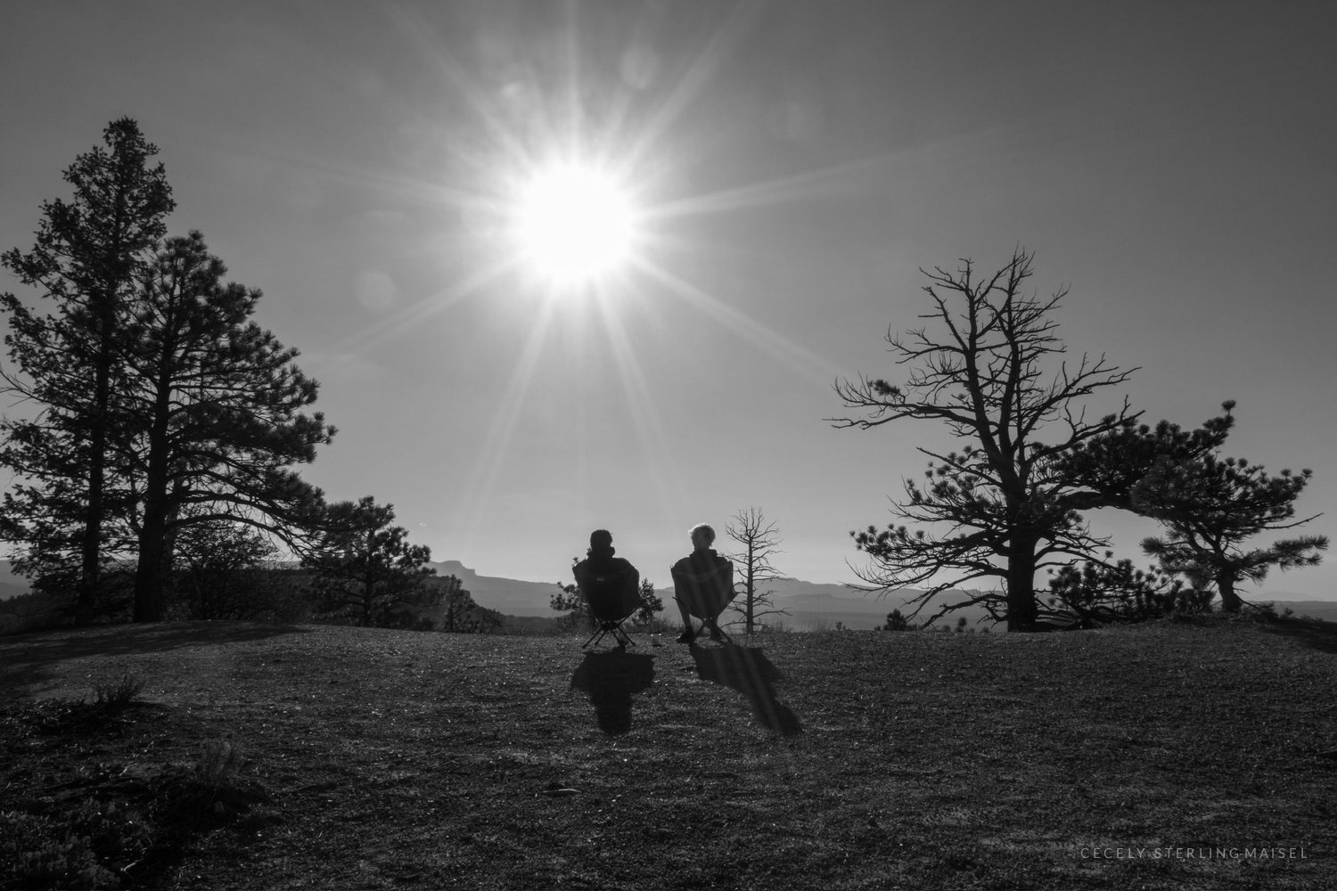 Black and white photograph of two people sitting in camp chairs on a bare ridge, the sun flaring between pines.