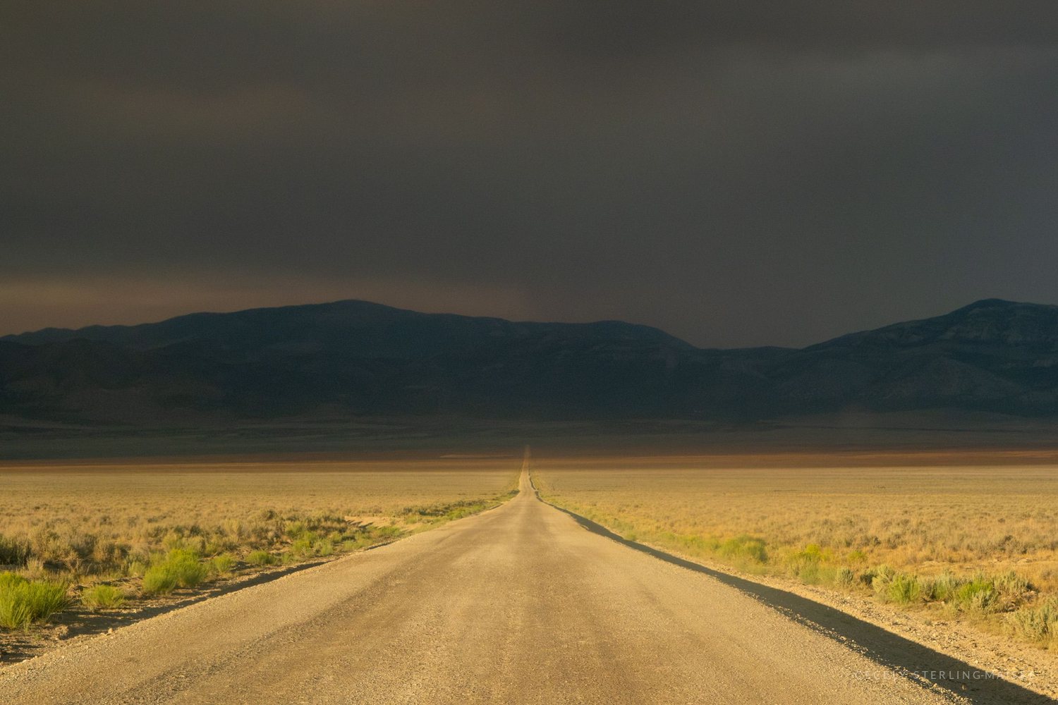 A straight dirt road running to a vanishing point across pale grassland under a heavy bank of smoke.