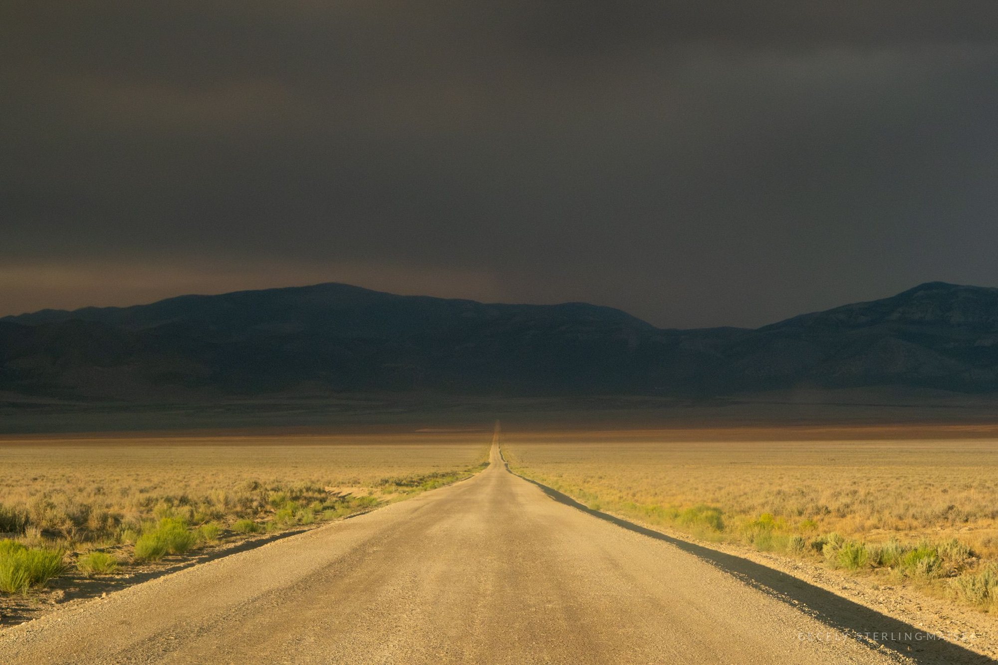 A straight dirt road running to a vanishing point across pale grassland under a heavy bank of smoke.