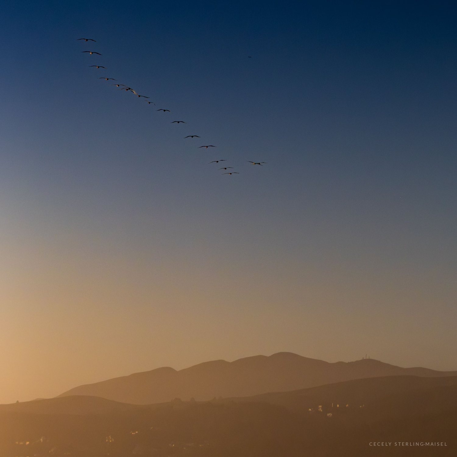 A line of geese crossing a smoke-graded evening sky above dark mountains.