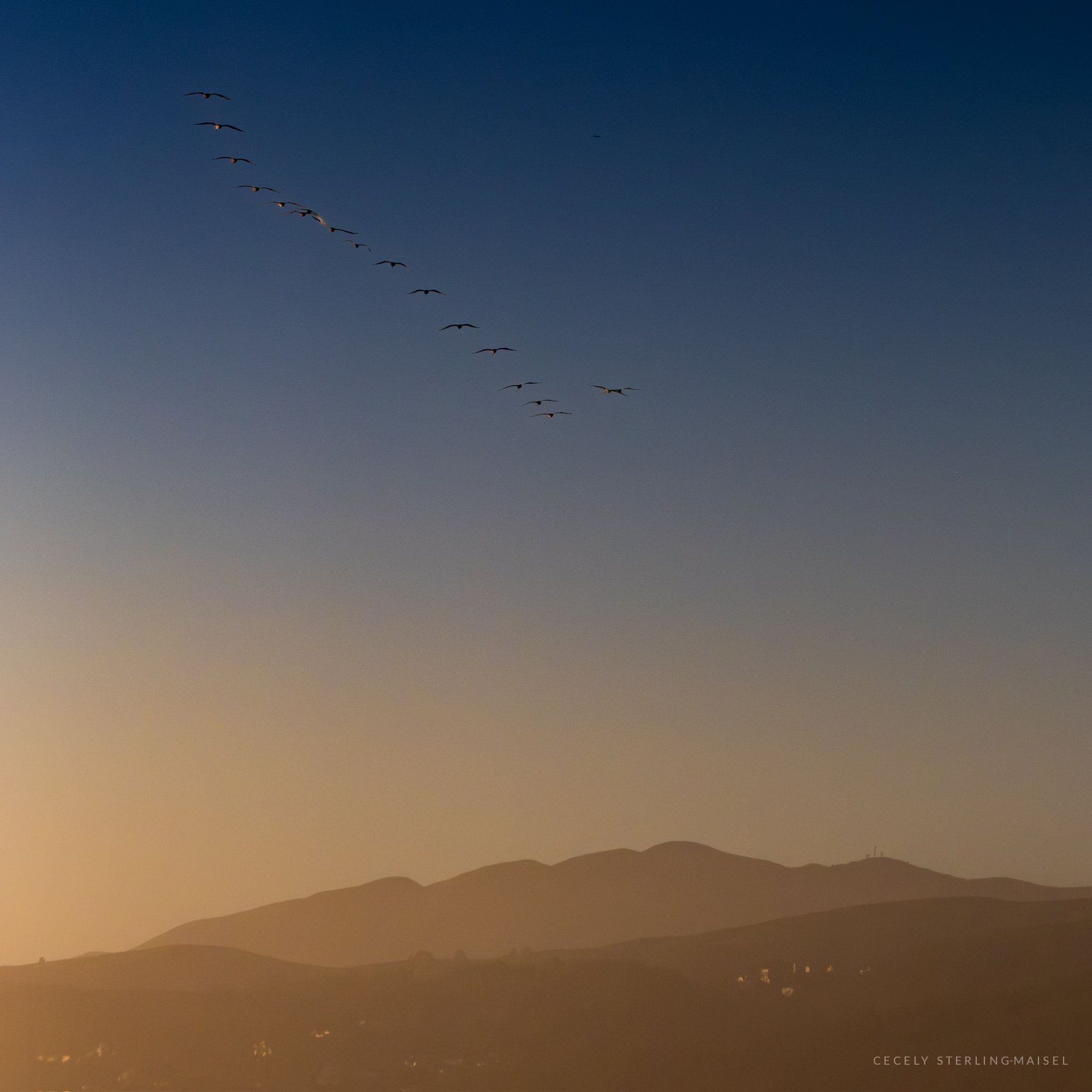 A line of geese crossing a smoke-graded evening sky above dark mountains.