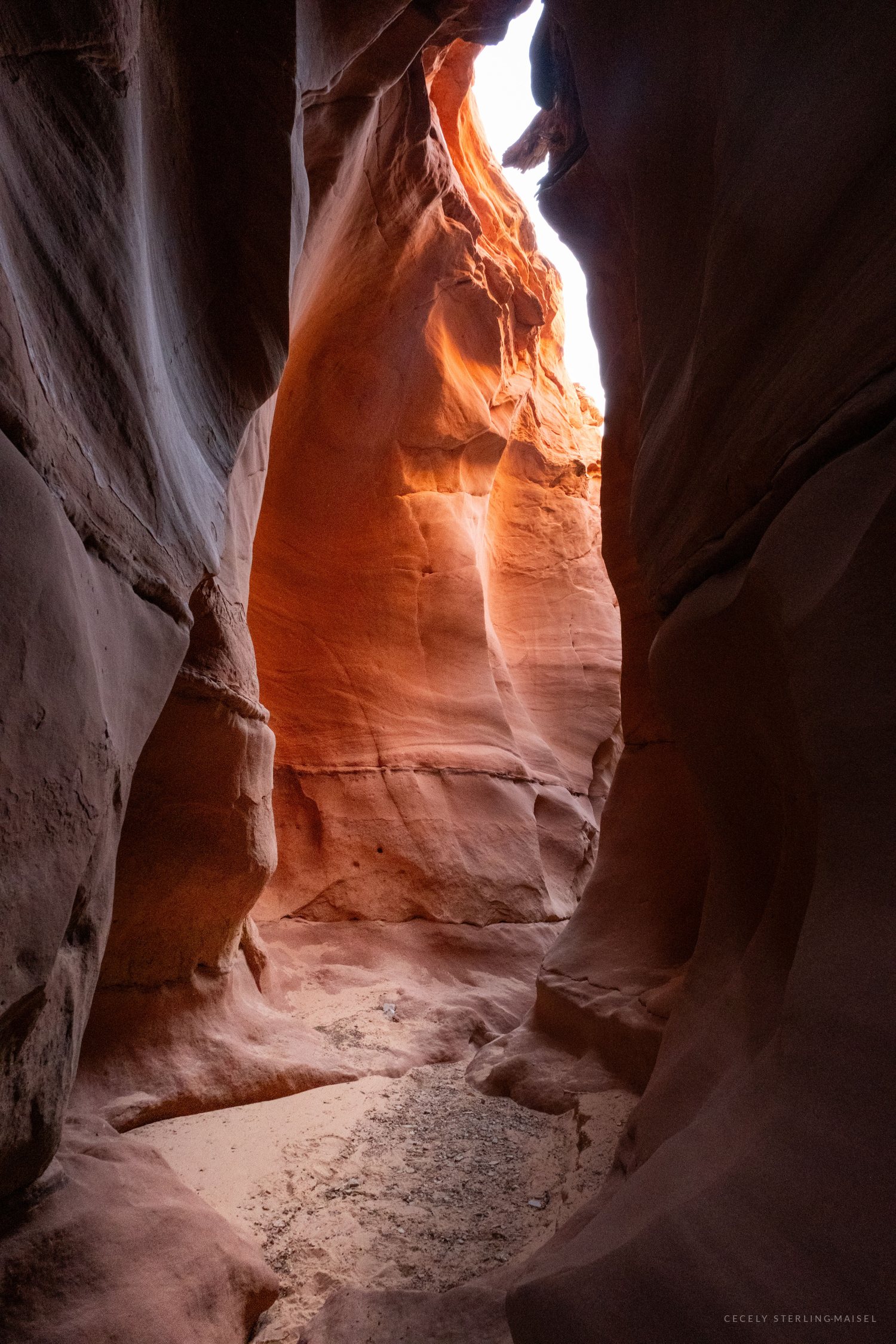 Sunlight glows on the smooth orange sandstone walls of a narrow slot canyon, with a sliver of bright sky visible at the top